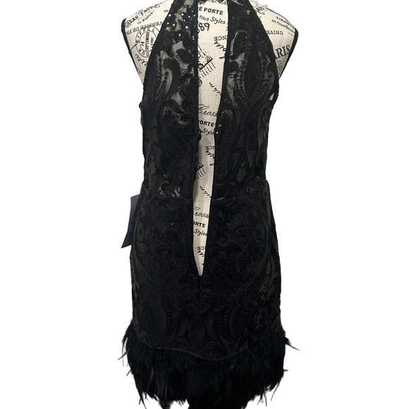 Minuet Petite Black Lace Sequin Halter Feather Hem Mini Dress L NWT - Picture 8 of 10